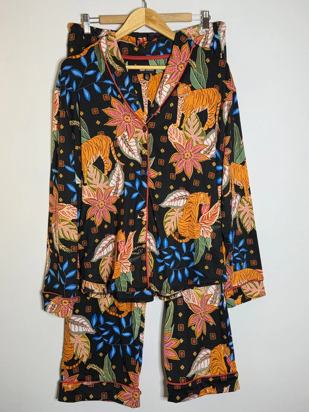 Room Service Black Floral & Tiger Print Pajama Set Long sleeve and Pants Size XL